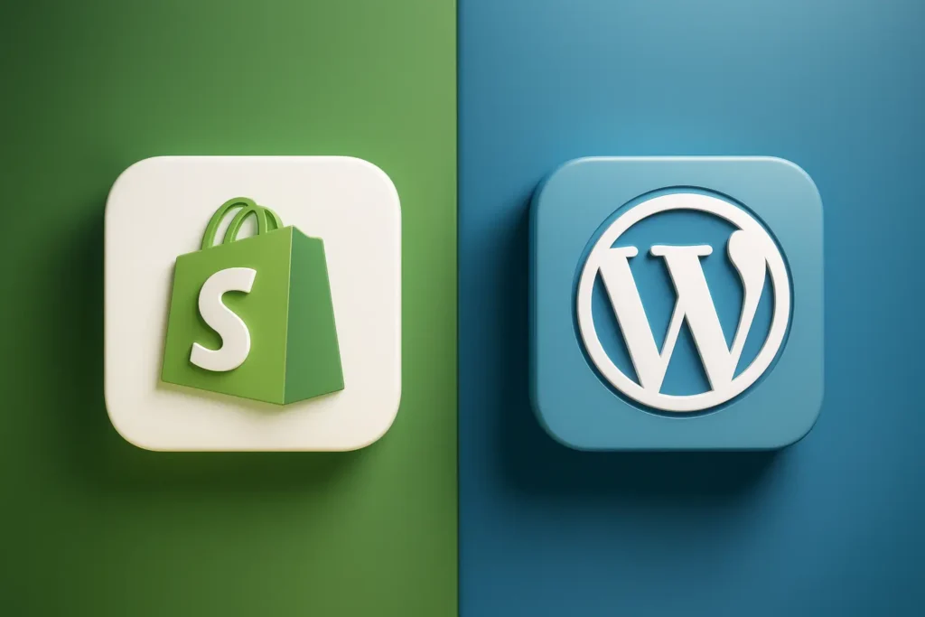 3D illustration comparing WooCommerce WordPress vs Shopify with purple and green split background, glowing VS text, and floating 3D platform logos