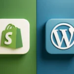 3D illustration comparing WooCommerce WordPress vs Shopify with purple and green split background, glowing VS text, and floating 3D platform logos