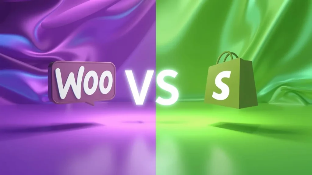 3D illustration comparing WooCommerce WordPress vs Shopify with purple and green split background, glowing VS text, and floating 3D platform logos