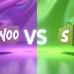 3D illustration comparing WooCommerce WordPress vs Shopify with purple and green split background, glowing VS text, and floating 3D platform logos