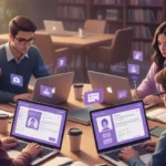 Students using the best free AI study tools on laptops and tablets in a calm, modern library setting.