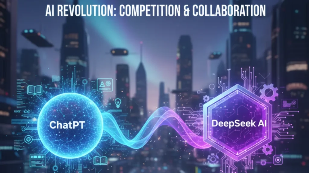Futuristic digital illustration of ChatGPT vs DeepSeek AI showing two advanced AI systems in a glowing tech arena representing the AI revolution.