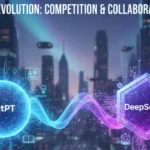 Futuristic digital illustration of ChatGPT vs DeepSeek AI showing two advanced AI systems in a glowing tech arena representing the AI revolution.