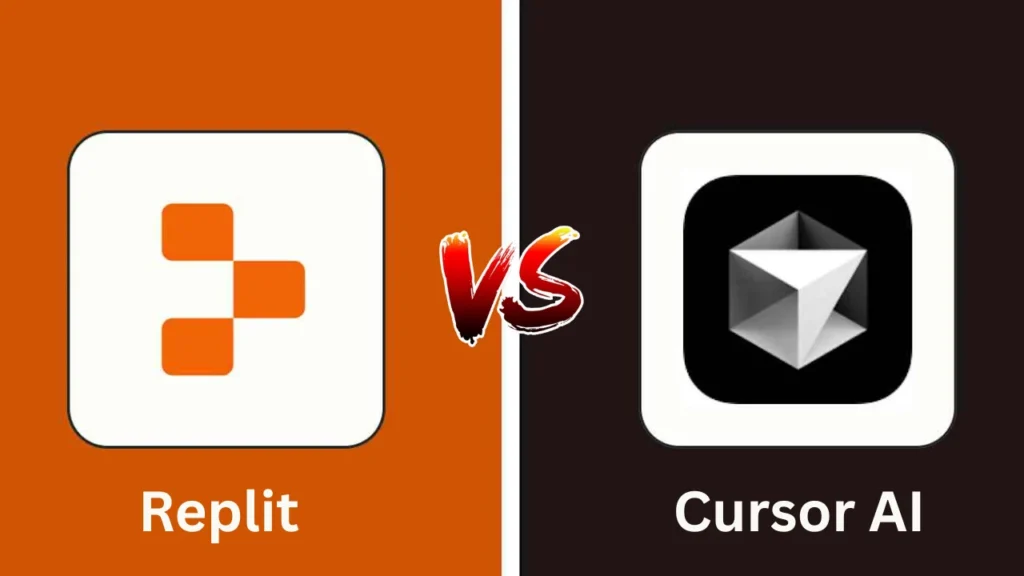 Futuristic digital illustration of developers using Cursor AI and Replit Ghostwriter, representing AI-powered coding assistants