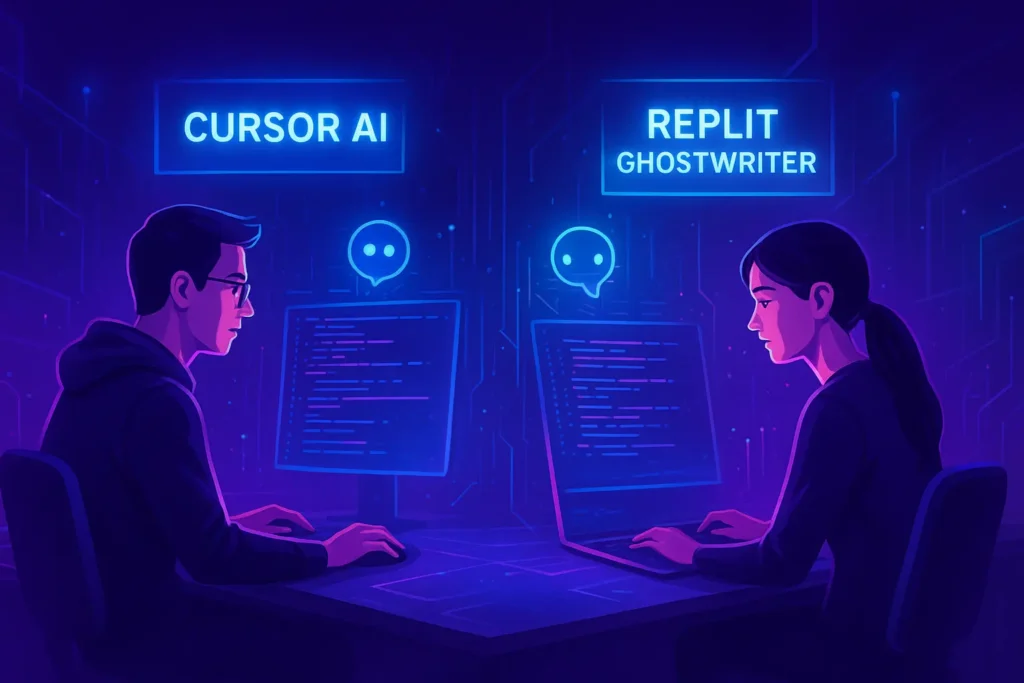 Futuristic digital illustration of developers using Cursor AI and Replit Ghostwriter, representing AI-powered coding assistants