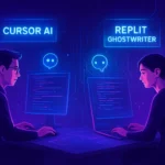 Futuristic digital illustration of developers using Cursor AI and Replit Ghostwriter, representing AI-powered coding assistants