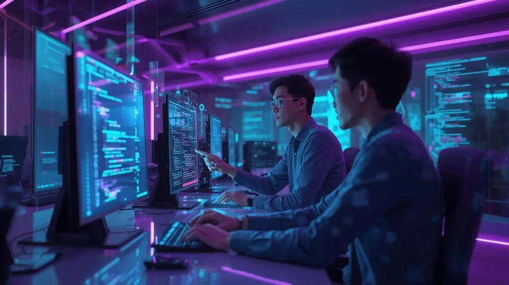 Developers using Cursor AI in a futuristic workspace with holographic code projections and AI-powered coding interfaces.