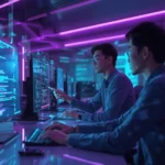 Developers using Cursor AI in a futuristic workspace with holographic code projections and AI-powered coding interfaces.