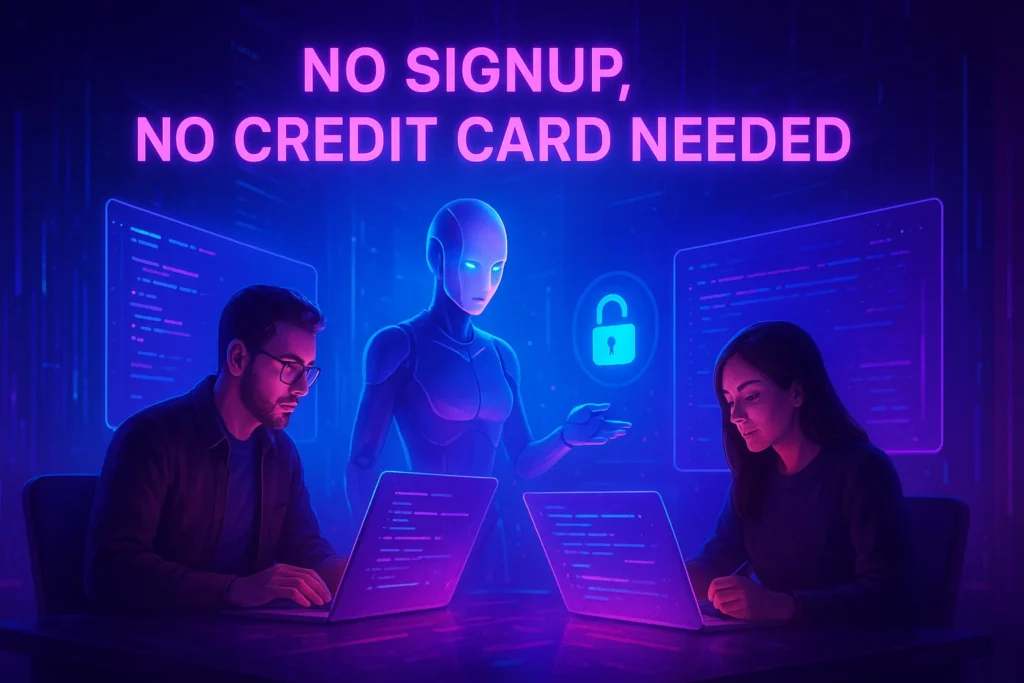Futuristic digital illustration of developers using free AI coding tools in a neon-lit workspace, with holographic code and an AI assistant symbolizing no signup or credit card needed.