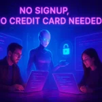 Futuristic digital illustration of developers using free AI coding tools in a neon-lit workspace, with holographic code and an AI assistant symbolizing no signup or credit card needed.