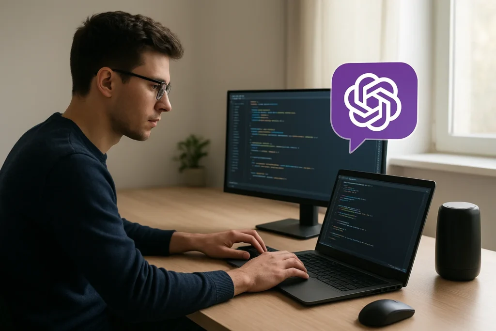 Futuristic developer using ChatGPT for coding with holographic code and AI assistant in neon purple and blue workspace.