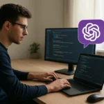 Futuristic developer using ChatGPT for coding with holographic code and AI assistant in neon purple and blue workspace.