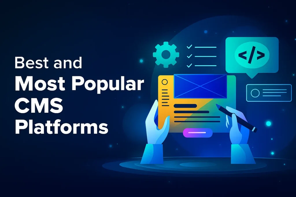 Futuristic digital illustration showcasing the best and most popular CMS platforms in 2025