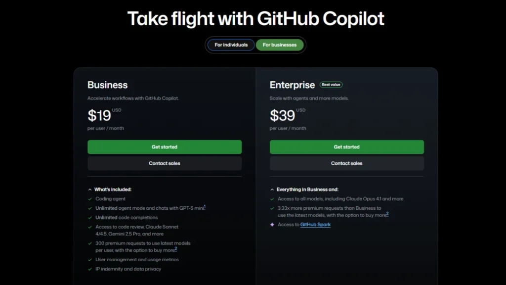 GitHub Copilot pricing plans for Business and Enterprise showing monthly cost, features, and AI coding assistant capabilities