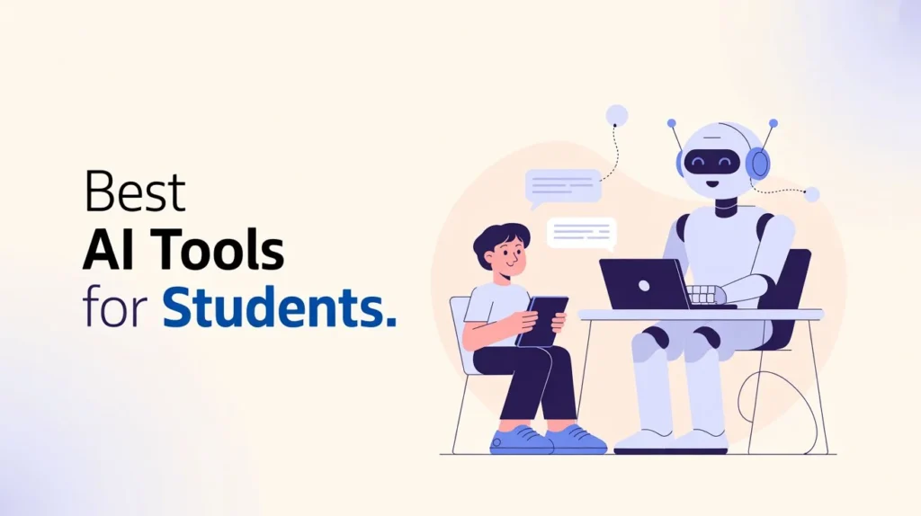 Students using the best free AI study tools on laptops and tablets in a calm, modern library setting.