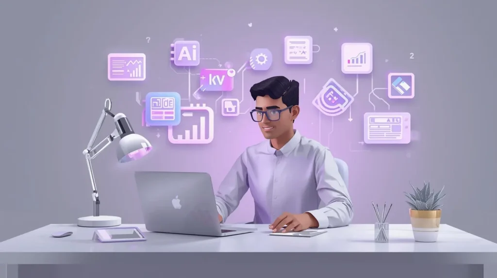 A digital illustration of a blogger using AI tools like ChatGPT, Jasper, and Surfer SEO to write and optimize blog posts, with a futuristic workspace highlighted in purple (#6C3EF5).