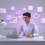 A digital illustration of a blogger using AI tools like ChatGPT, Jasper, and Surfer SEO to write and optimize blog posts, with a futuristic workspace highlighted in purple (#6C3EF5).