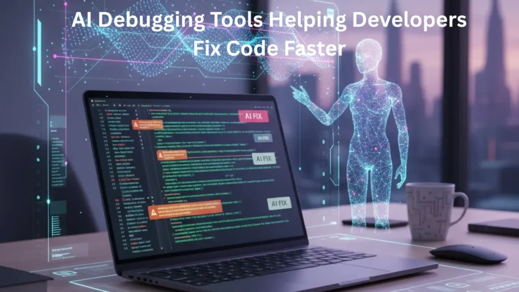 Developer using AI debugging tools to analyze and fix code errors on a laptop with futuristic UI elements and real-time AI suggestions.