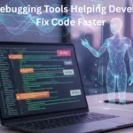 Developer using AI debugging tools to analyze and fix code errors on a laptop with futuristic UI elements and real-time AI suggestions.