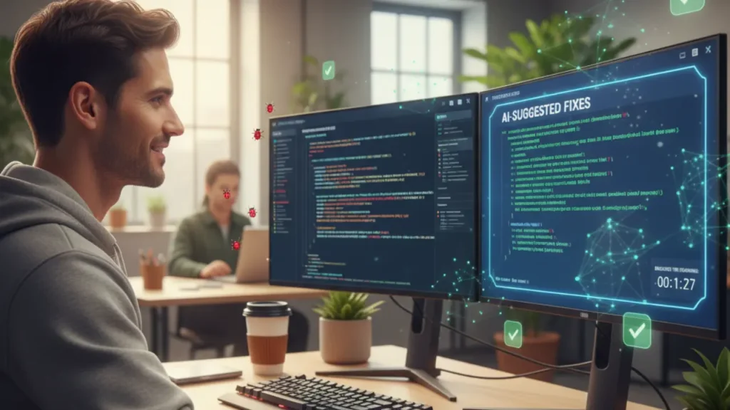 A developer using AI debugging tools on multiple screens, with real-time code fixes and error detection displayed in a modern workspace.