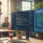 A developer using AI debugging tools on multiple screens, with real-time code fixes and error detection displayed in a modern workspace.