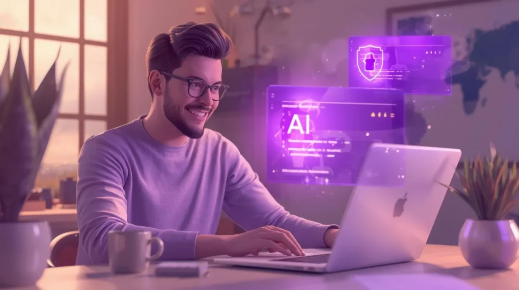 Illustration showing how AI transforms web application development with smart coding, automation, and enhanced security