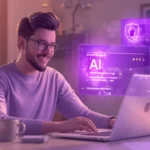 Illustration showing how AI transforms web application development with smart coding, automation, and enhanced security