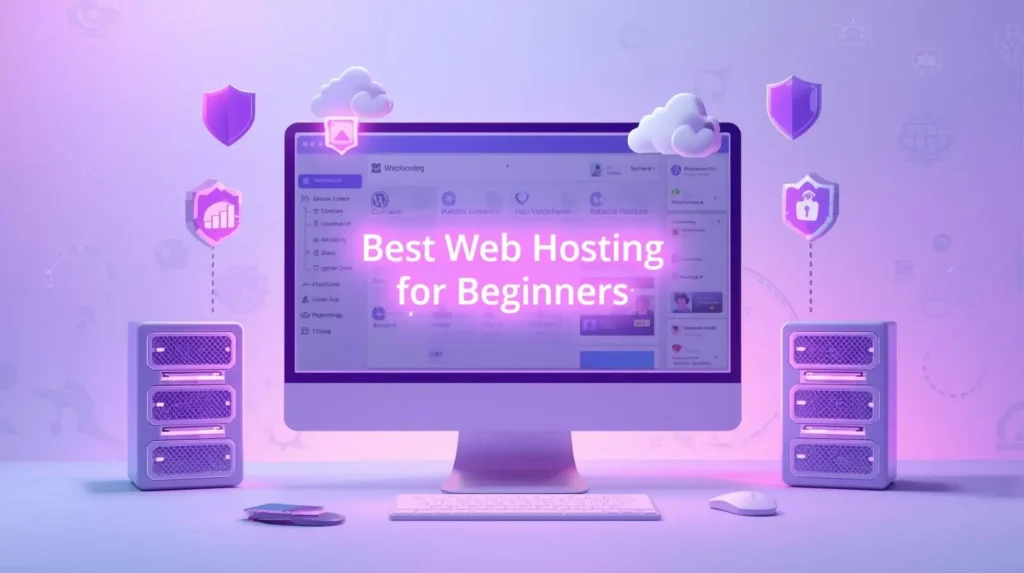 3D illustration showing a modern web hosting dashboard, cloud servers, and computer screen — representing the best web host for beginners looking for affordable and easy-to-use hosting.