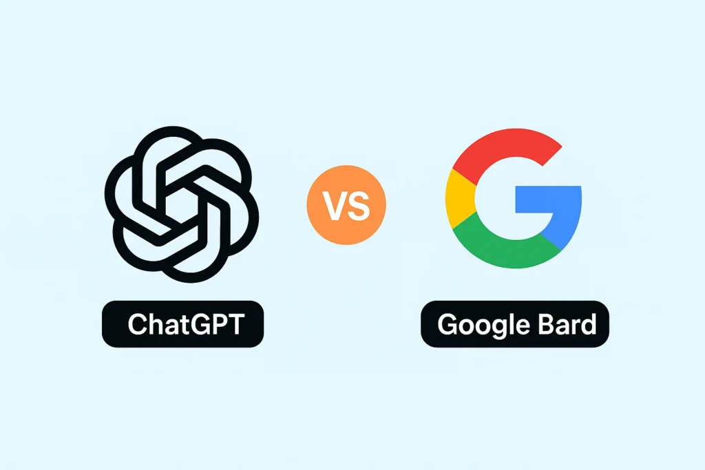 ChatGPT vs Google Bard comparison banner showing both AI logos side by side with a VS icon.