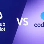 Futuristic split-screen banner showing Codeium vs GitHub Copilot with AI coding visuals, glowing circuits, and a clean, modern tech design.