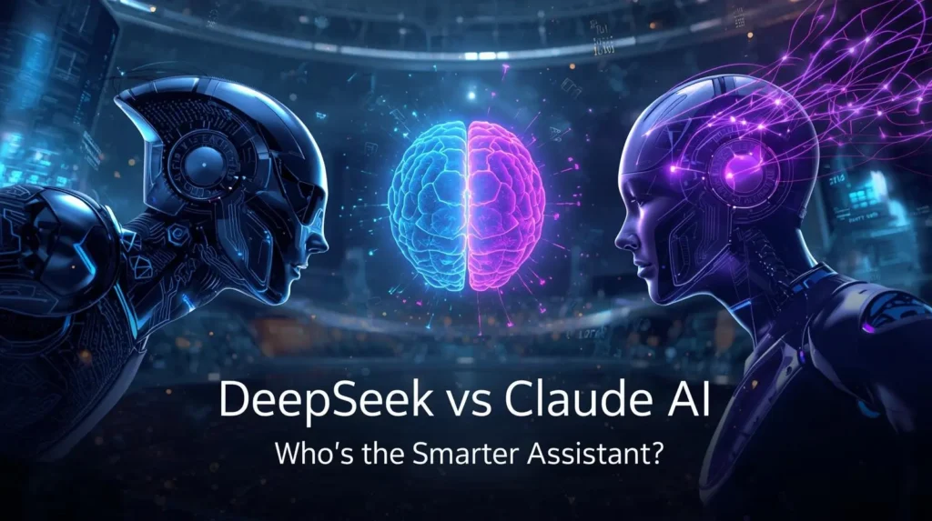 Futuristic digital illustration showing DeepSeek AI and Claude AI facing each other, symbolizing the battle of intelligence and innovation