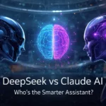 Futuristic digital illustration showing DeepSeek AI and Claude AI facing each other, symbolizing the battle of intelligence and innovation