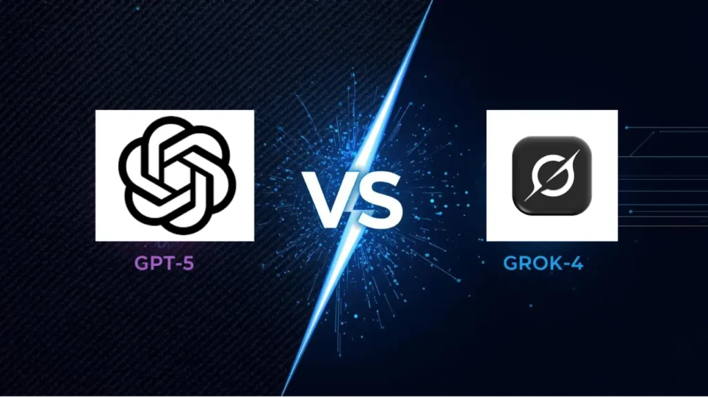 Bold AI comparison banner featuring GPT-5 vs Grok-4 icons on a dark futuristic background with a VS divider.