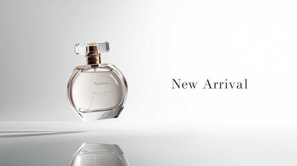 Luxury perfume bottle floating under a soft spotlight with a reflective surface and elegant New Arrival text on a clean aesthetic background.