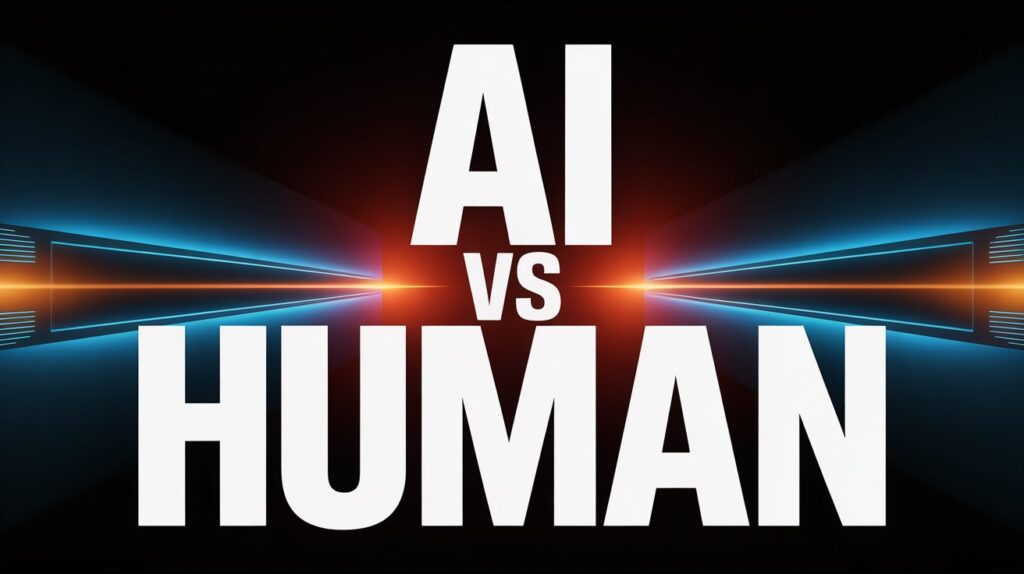 Bold high contrast YouTube thumbnail showing large readable text AI VS HUMAN with cinematic lighting and a dark background with glowing accents.