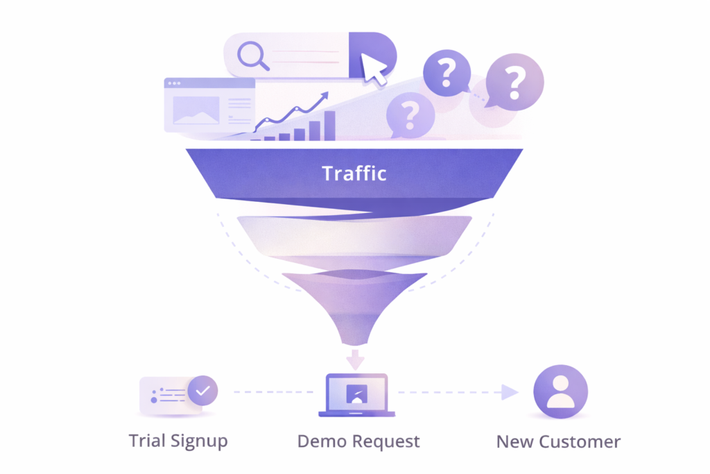 Visual diagram showing core SaaS SEO focus areas including technical optimization, content quality, and authority building aligned with business growth goals