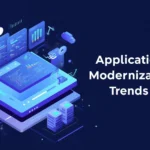 Application modernization illustration showing cloud migration, digital dashboards, automation, and modern SaaS architecture for businesses