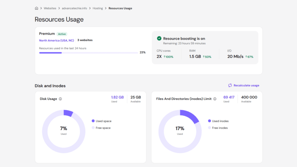Hostinger hPanel Resource Usage Dashboard showing CPU cores, RAM, and I/O limits for advancetechie.info.